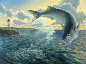 painting of a hooked bluefish jumping with jetty in the background, Faithful Blue