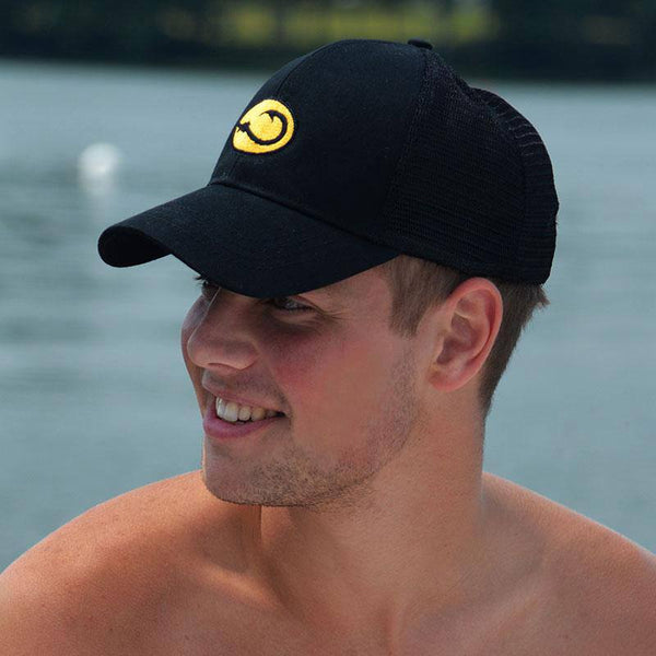 young man in black Anglers Pride Tugboat Trucker fishing cap by Hook Life