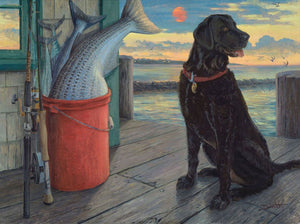 painting of black lab with a catch of fish on a dock, Pride