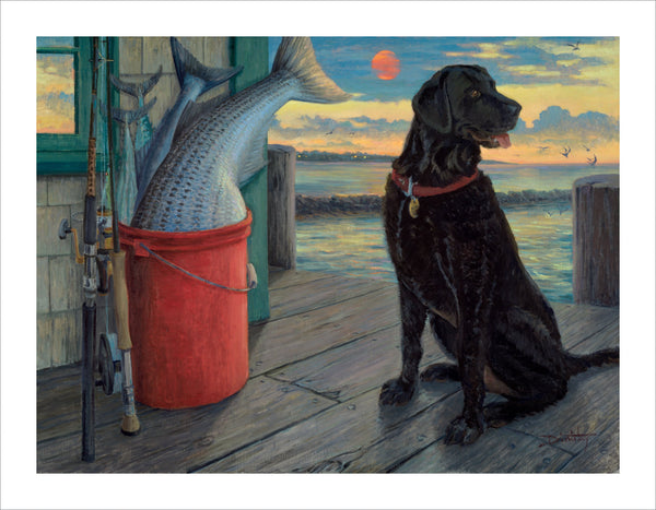 fishing art print of black lab on a dock with a catch of fish, Pride