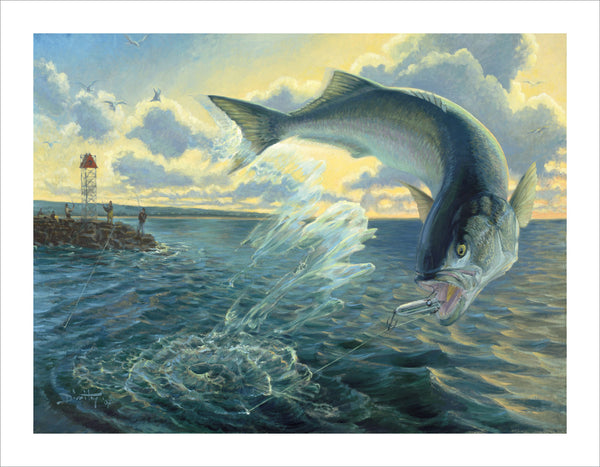 fishing art print of hooked bluefish jumping with jetty in background, Faithful Blue
